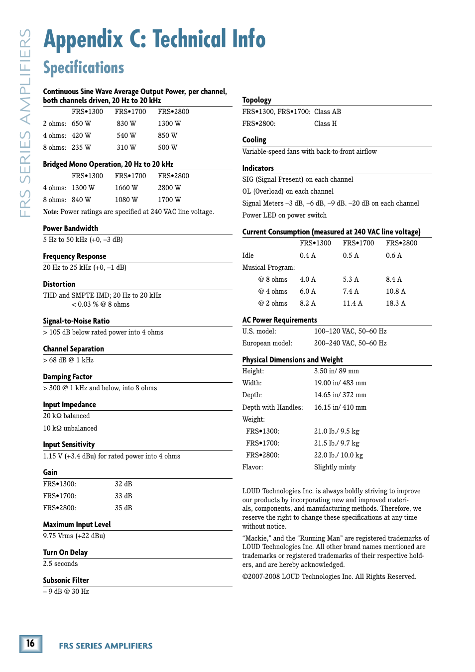 Appendix c: technical info, Specifications, Frs series amplifiers | MACKIE FRS1300 User Manual | Page 16 / 20