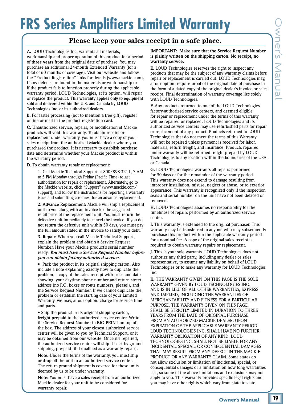 Frs series amplifiers limited warranty, Limited warranty, Owner’ s manual | Please keep your sales receipt in a safe place | MACKIE FRS1300 User Manual | Page 19 / 20