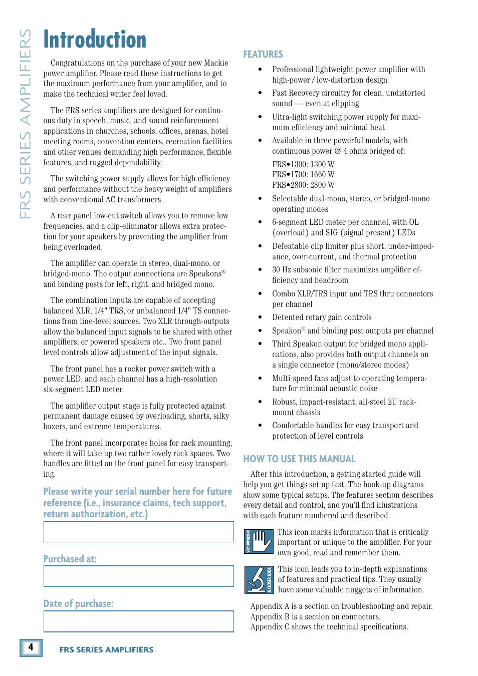 Introduction, Frs series amplifiers, Features | How to use this manual | MACKIE FRS1300 User Manual | Page 4 / 20