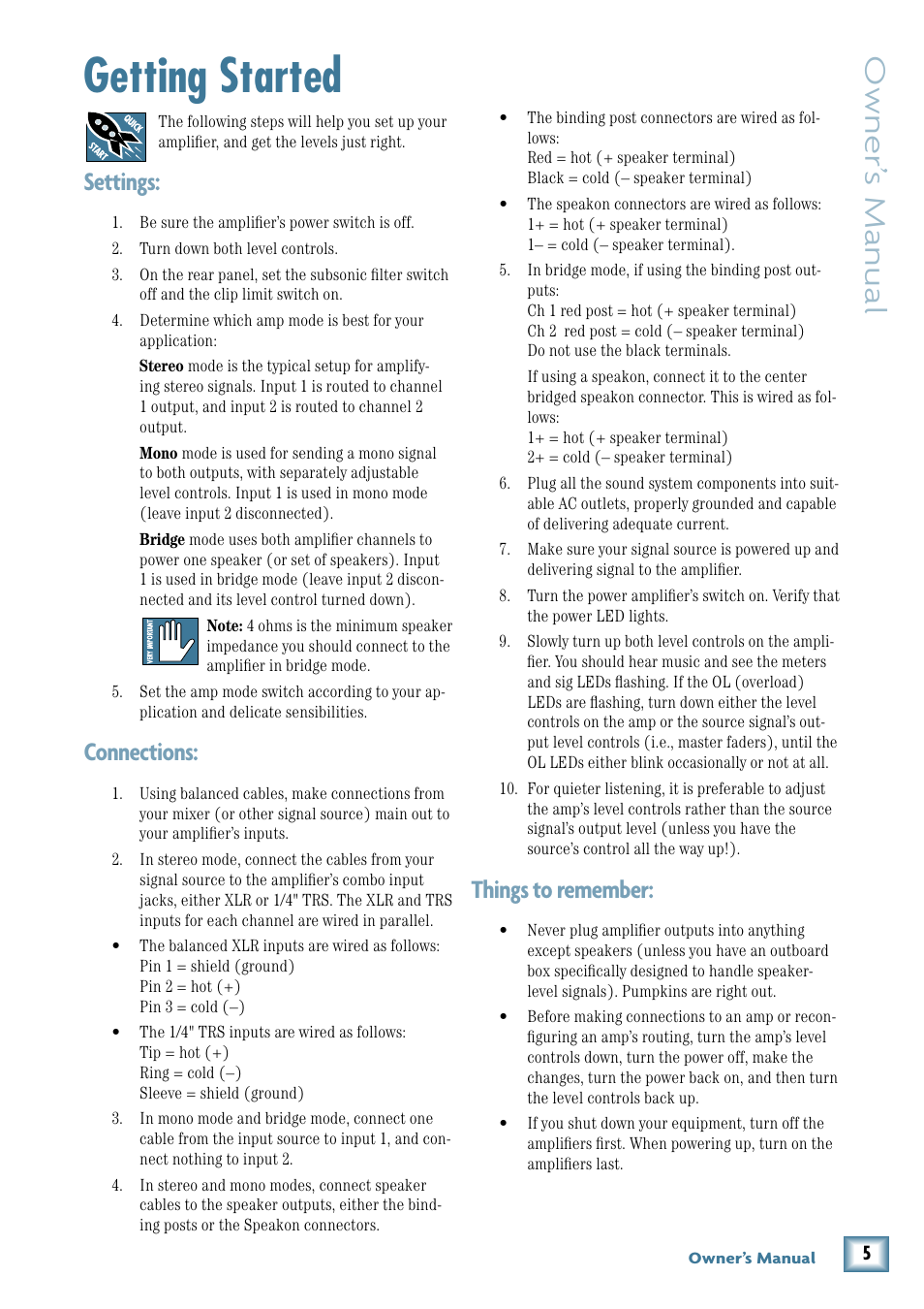 Getting started, Owner’ s manual, Settings | Connections, Things to remember | MACKIE FRS1300 User Manual | Page 5 / 20