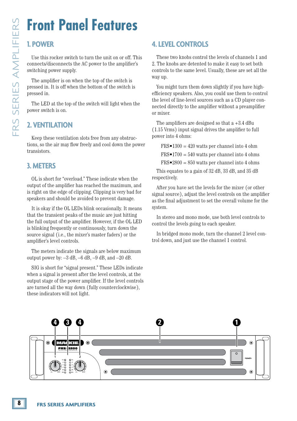Front panel features, Power, Ventilation | Meters, Level controls, Power 2. ventilation 3. meters 4. level controls, Frs series amplifiers | MACKIE FRS1300 User Manual | Page 8 / 20