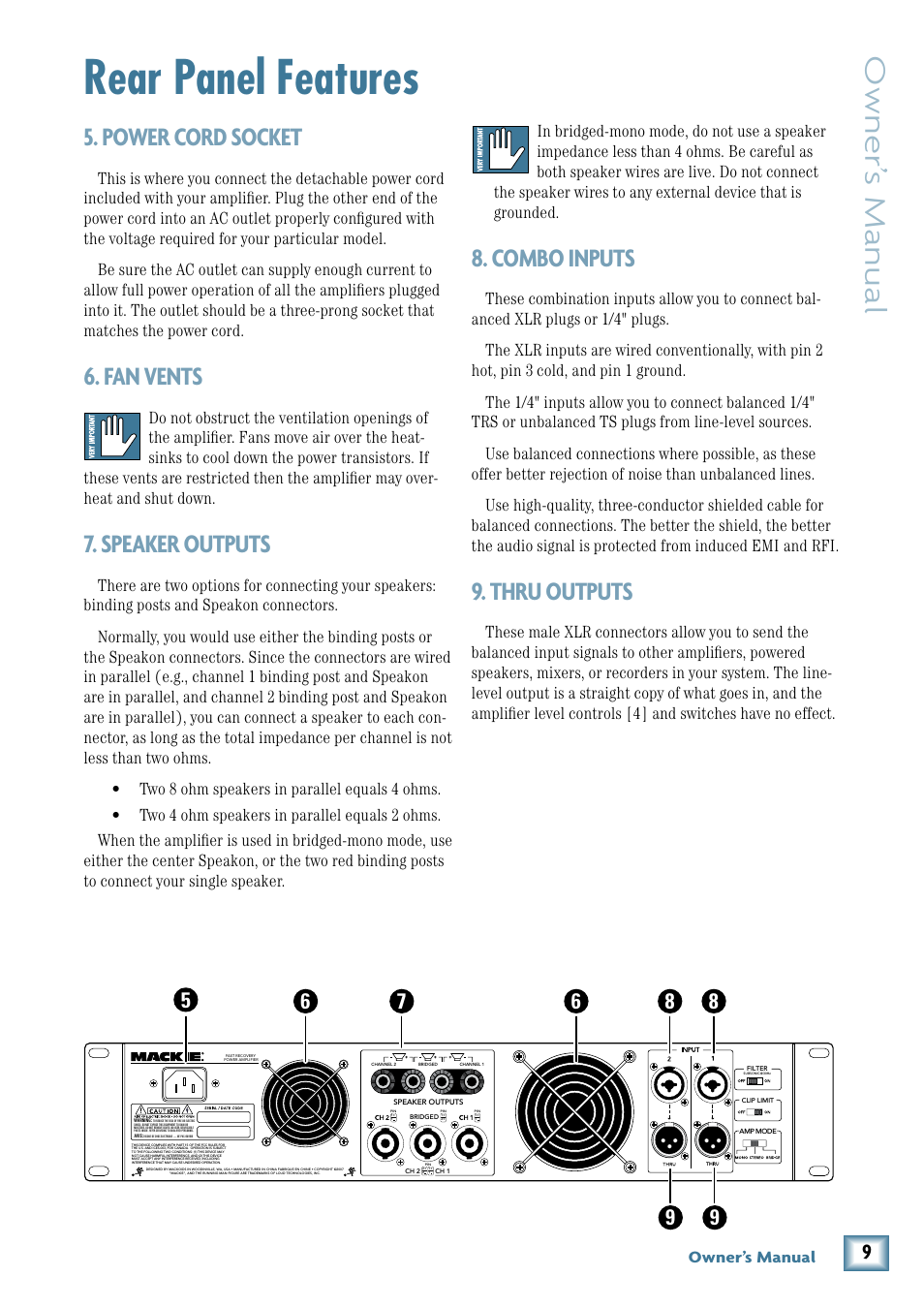 Rear panel features, Power cord socket, Fan vents | Speaker outputs, Combo inputs, Thru outputs, Owner’ s manual, Owner’s manual | MACKIE FRS1300 User Manual | Page 9 / 20