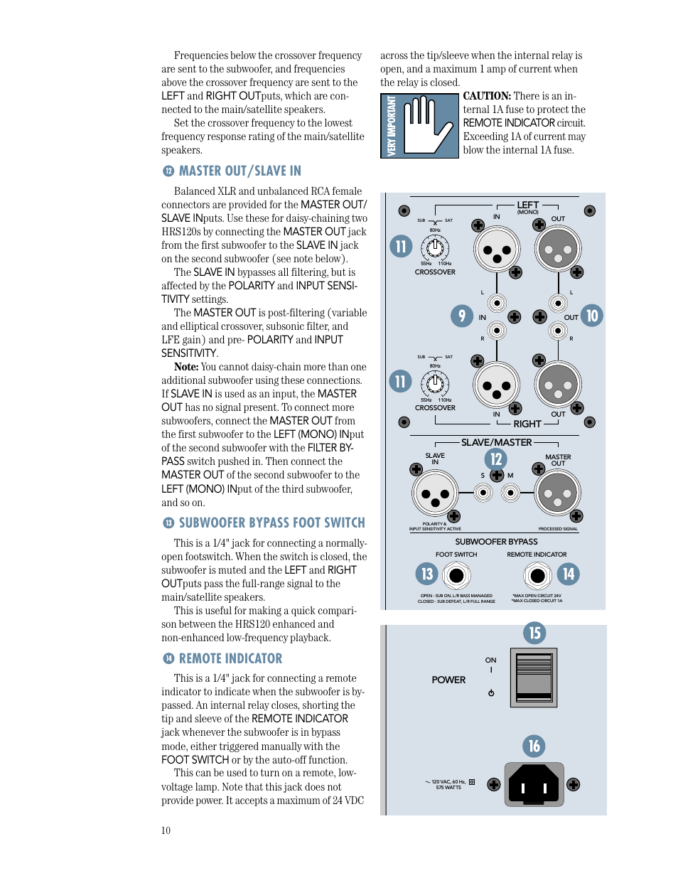 Master out/slave in, Subwoofer bypass foot switch, Remote indicator | MACKIE HRS120 User Manual | Page 10 / 20