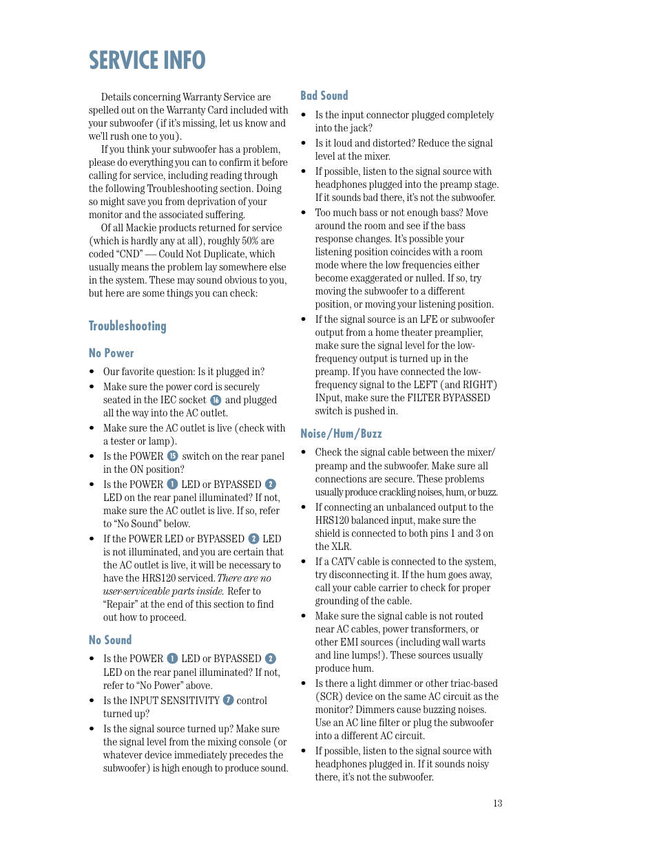 Service info | MACKIE HRS120 User Manual | Page 13 / 20