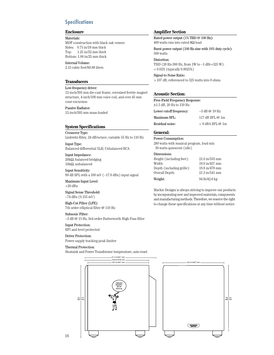 Specifications, Enclosure, Transducers | System specifications, General | MACKIE HRS120 User Manual | Page 16 / 20