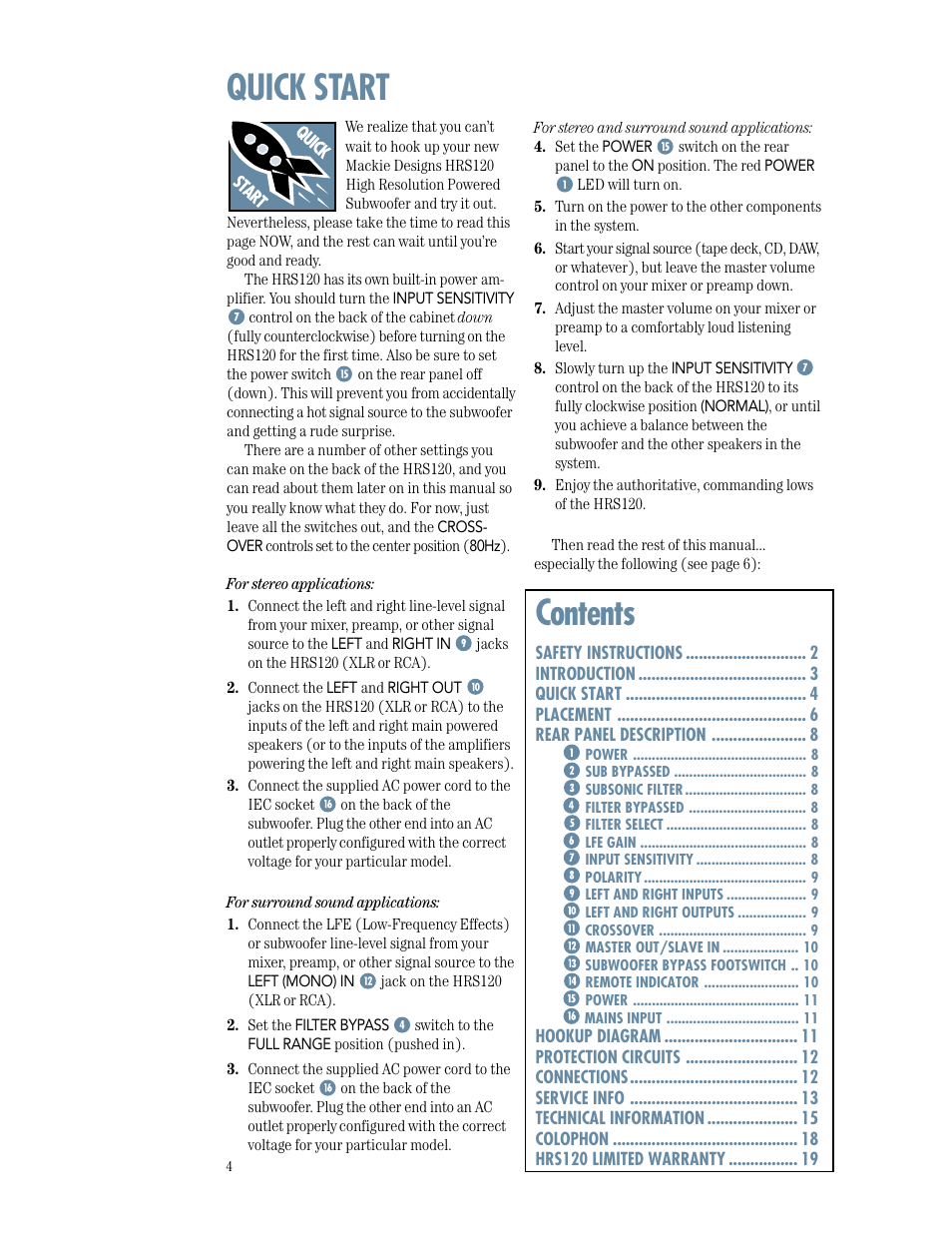 Quick start contents | MACKIE HRS120 User Manual | Page 4 / 20
