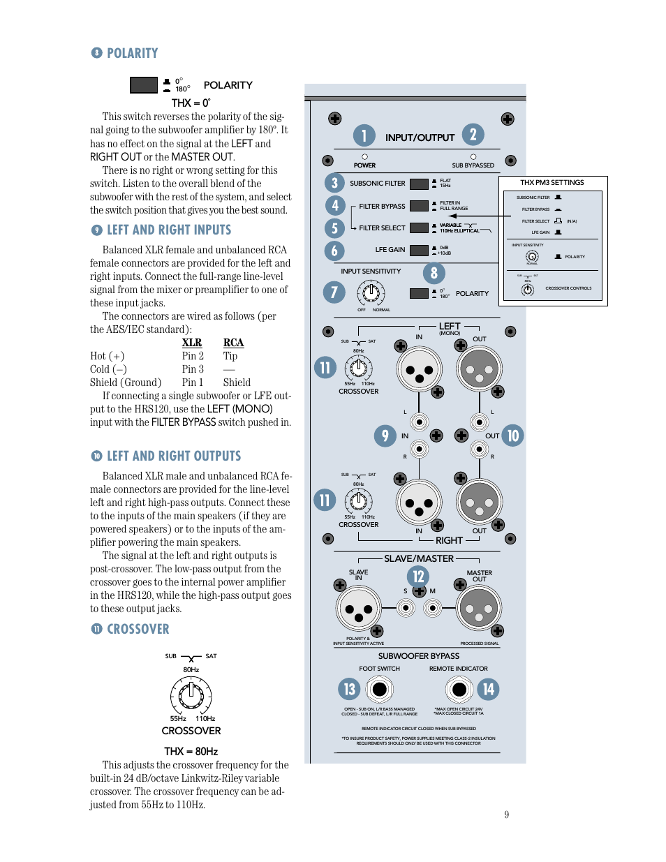 Polarity, Left and right inputs, Left and right outputs | Crossover | MACKIE HRS120 User Manual | Page 9 / 20