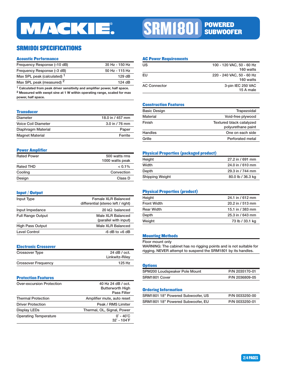 Srm1801, Powered subwoofer, Srm1801 specifications | MACKIE SRM1801 User Manual | Page 2 / 4