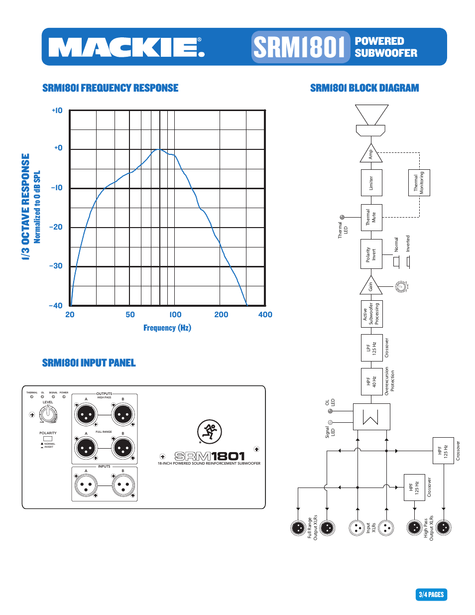 Srm1801, Powered subwoofer, Srm1801 block diagram | 1/3 oct ave re sponse, Normalized to 0 db spl frequency (hz), 3/4 pages | MACKIE SRM1801 User Manual | Page 3 / 4