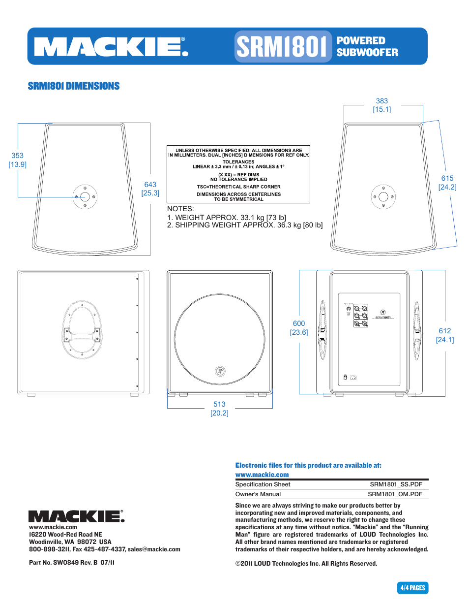 Srm1801, Powered subwoofer, Srm1801 dimensions | MACKIE SRM1801 User Manual | Page 4 / 4