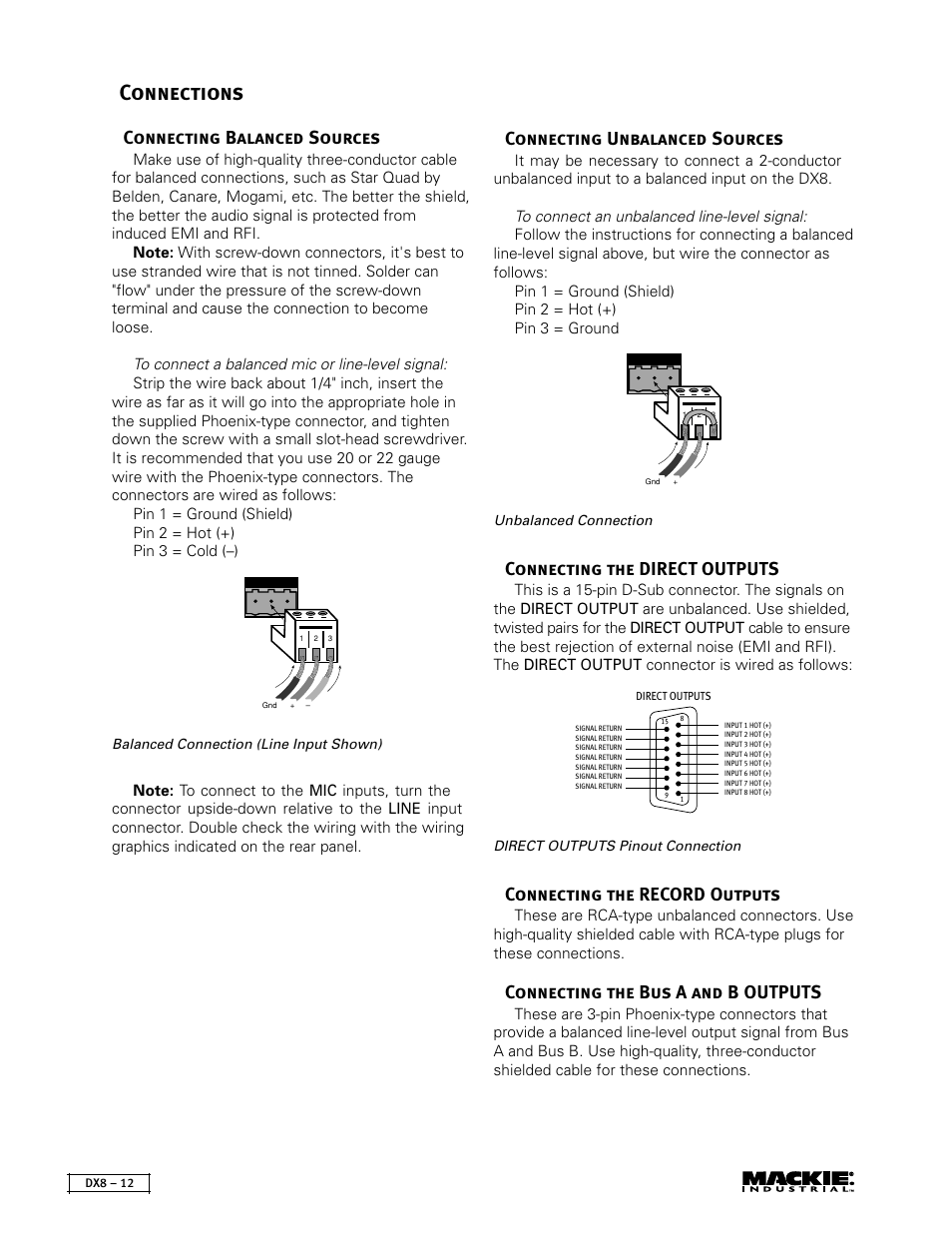 Connections, Connecting balanced sources, Connecting unbalanced sources | Connecting the direct outputs, Connecting the record outputs, Connecting the bus a and b outputs | MACKIE DX8 User Manual | Page 12 / 17