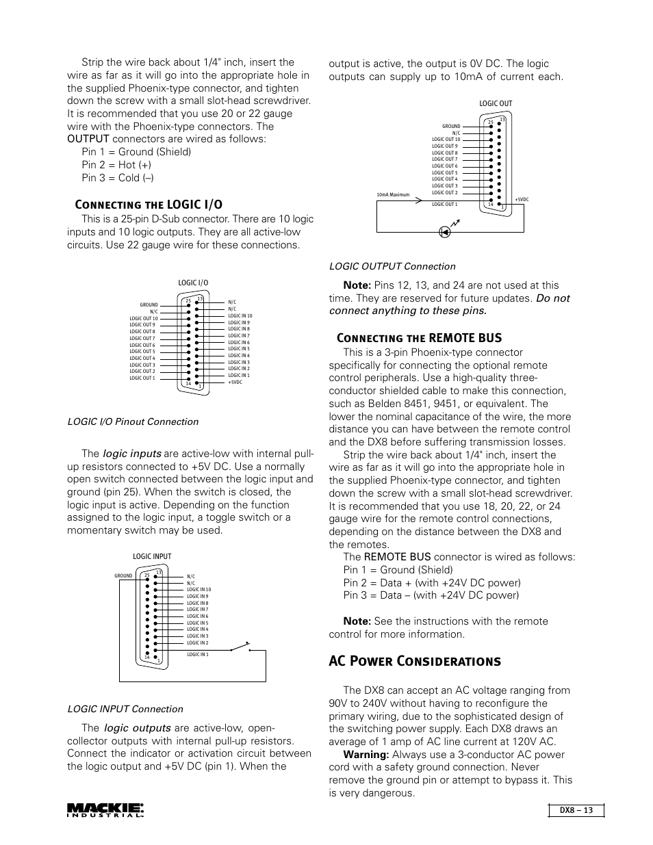 Ac power considerations, Connecting the logic i/o, Connecting the remote bus | MACKIE DX8 User Manual | Page 13 / 17