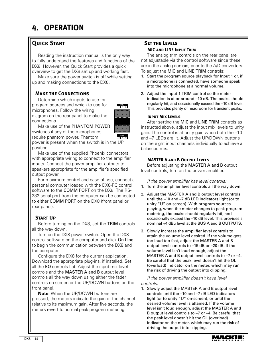 Operation, Quick start | MACKIE DX8 User Manual | Page 14 / 17