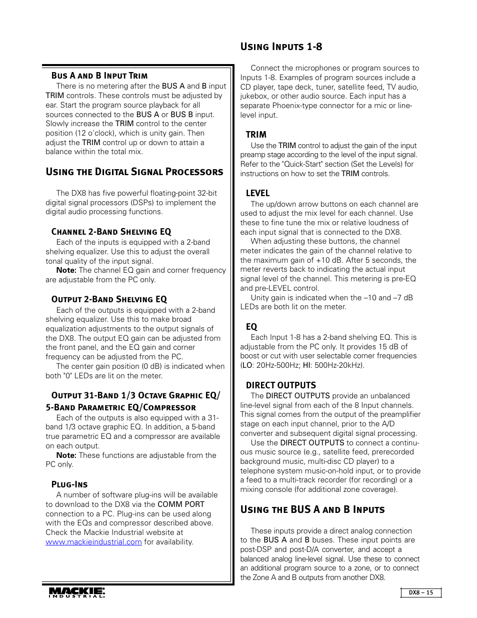 Using the digital signal processors, Using inputs 1-8, Using the bus a and b inputs | MACKIE DX8 User Manual | Page 15 / 17