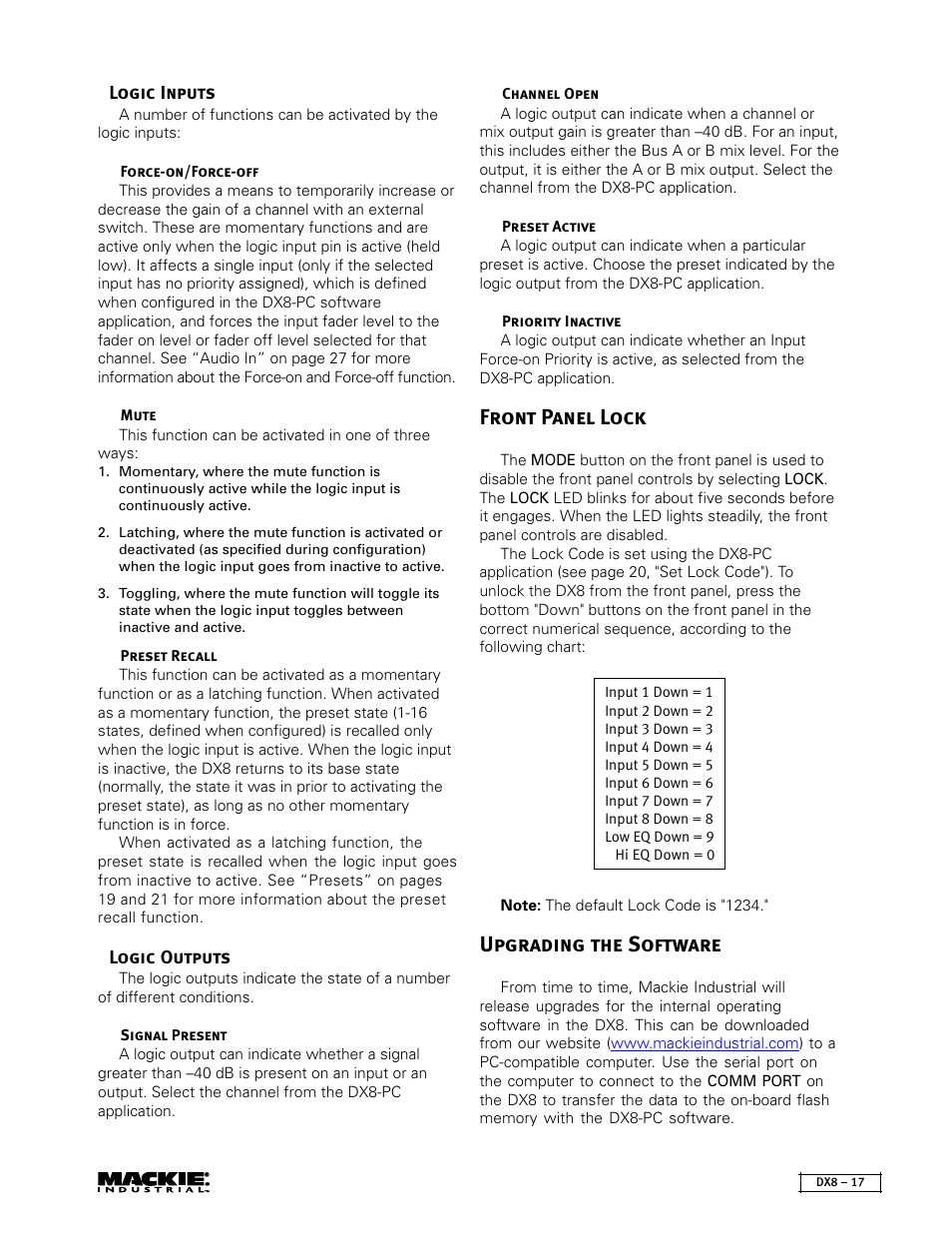 Front panel lock, Upgrading the software | MACKIE DX8 User Manual | Page 17 / 17