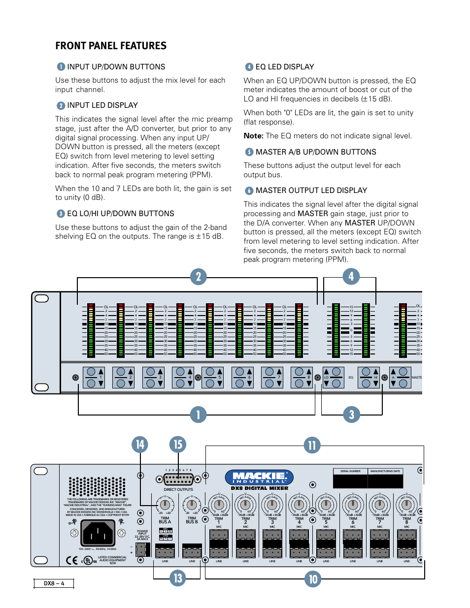 Front panel features, Dx8 – 4 | MACKIE DX8 User Manual | Page 4 / 17