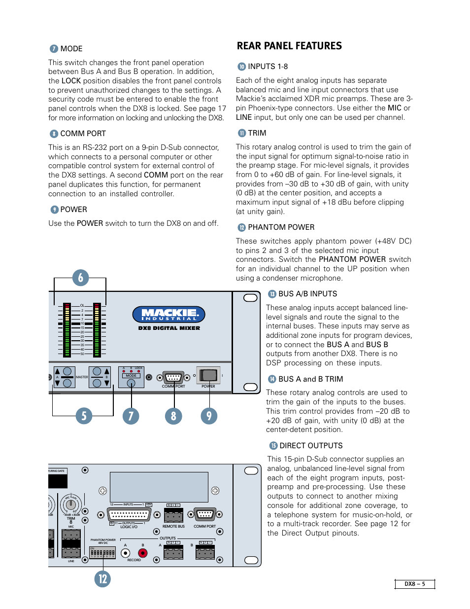 Rear panel features, Dx8 – 5 | MACKIE DX8 User Manual | Page 5 / 17