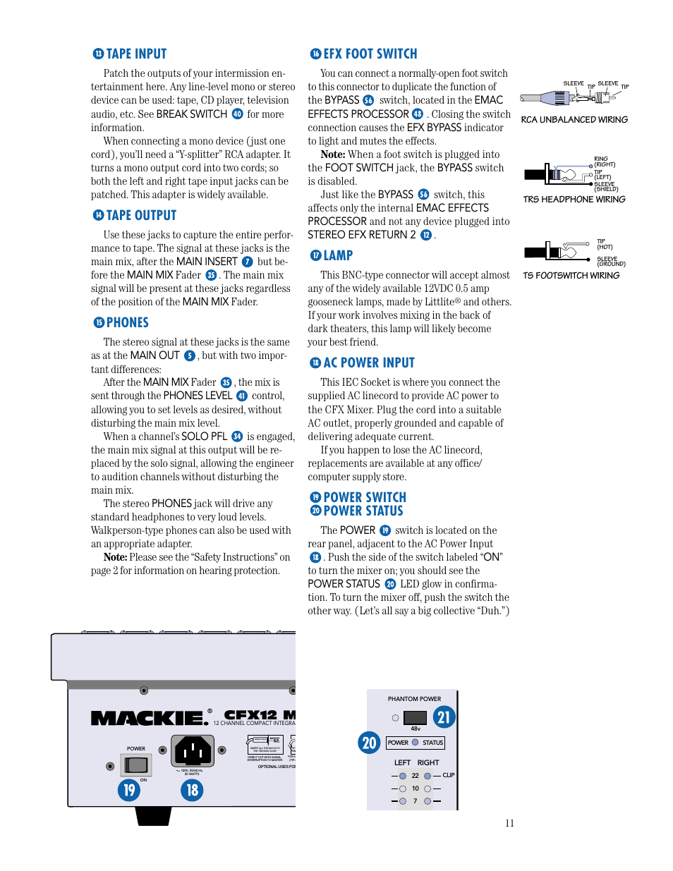 Tape input, Tape output, Phones | Efx footswitch, Lamp, Ac power input, Power switch, Power status, Efx foot switch, Power switch power status | MACKIE CFX SERIES User Manual | Page 11 / 24