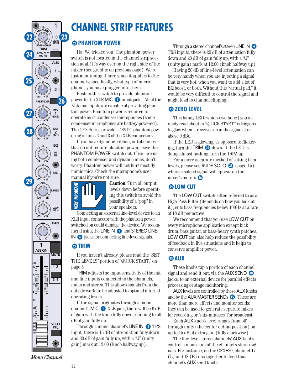 Channel strip features, Phantom power, Trim | Zero level, Low cut, Mono channel | MACKIE CFX SERIES User Manual | Page 12 / 24