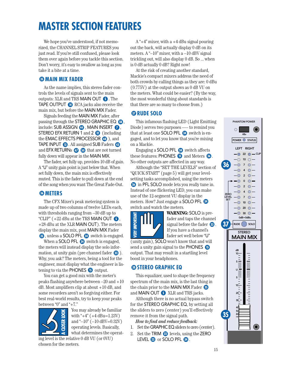 Master section features, Main mix fader, Meters | Rude solo, Stereo graphic eq, Main mix | MACKIE CFX SERIES User Manual | Page 15 / 24