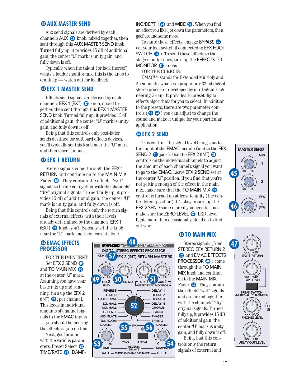 Aux master send, Efx 1 master send, Efx 1 return | Emac effects processor, Efx 2 send, To main mix | MACKIE CFX SERIES User Manual | Page 17 / 24