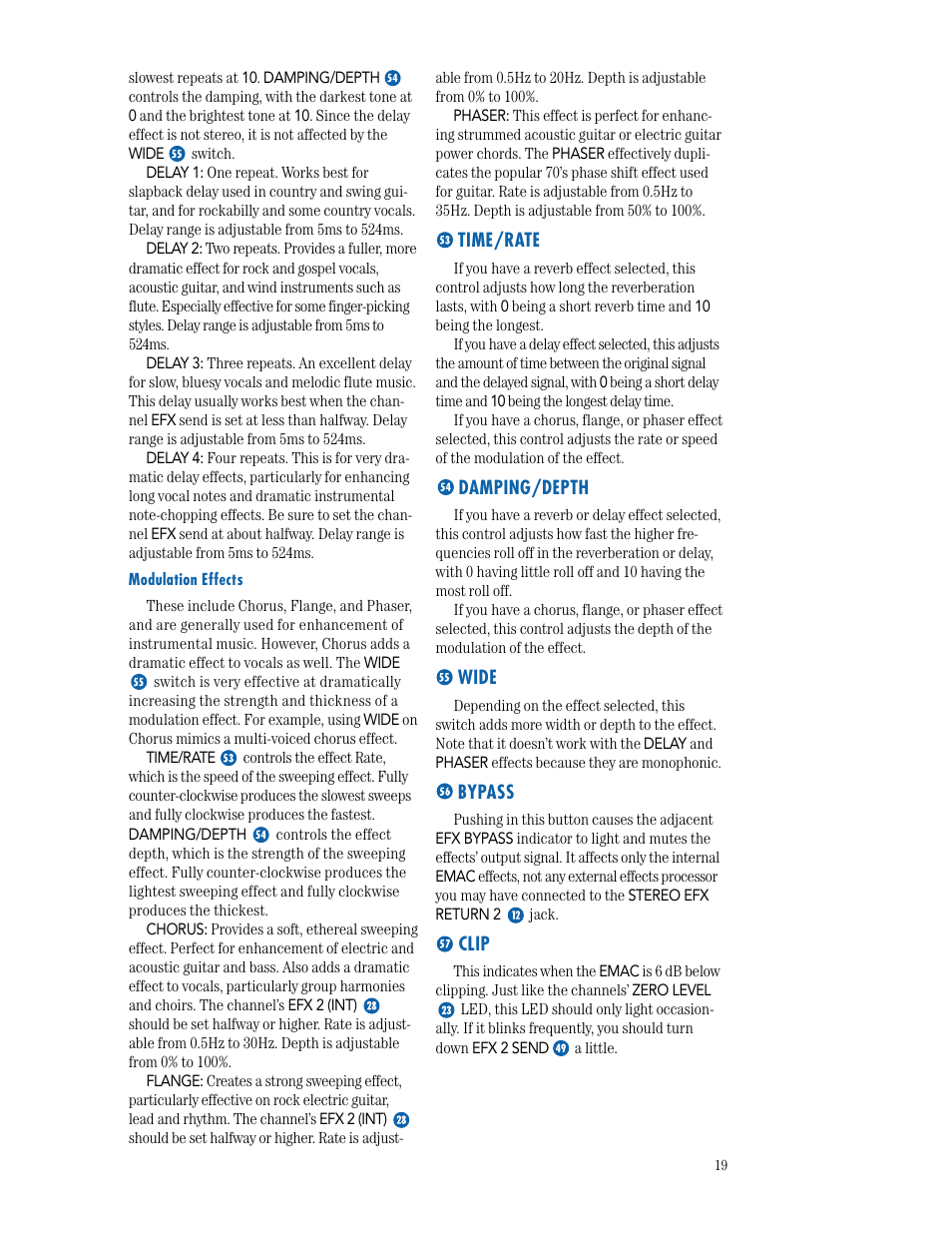 Time/rate, Damping/depth, Wide | Bypass, Clip | MACKIE CFX SERIES User Manual | Page 19 / 24