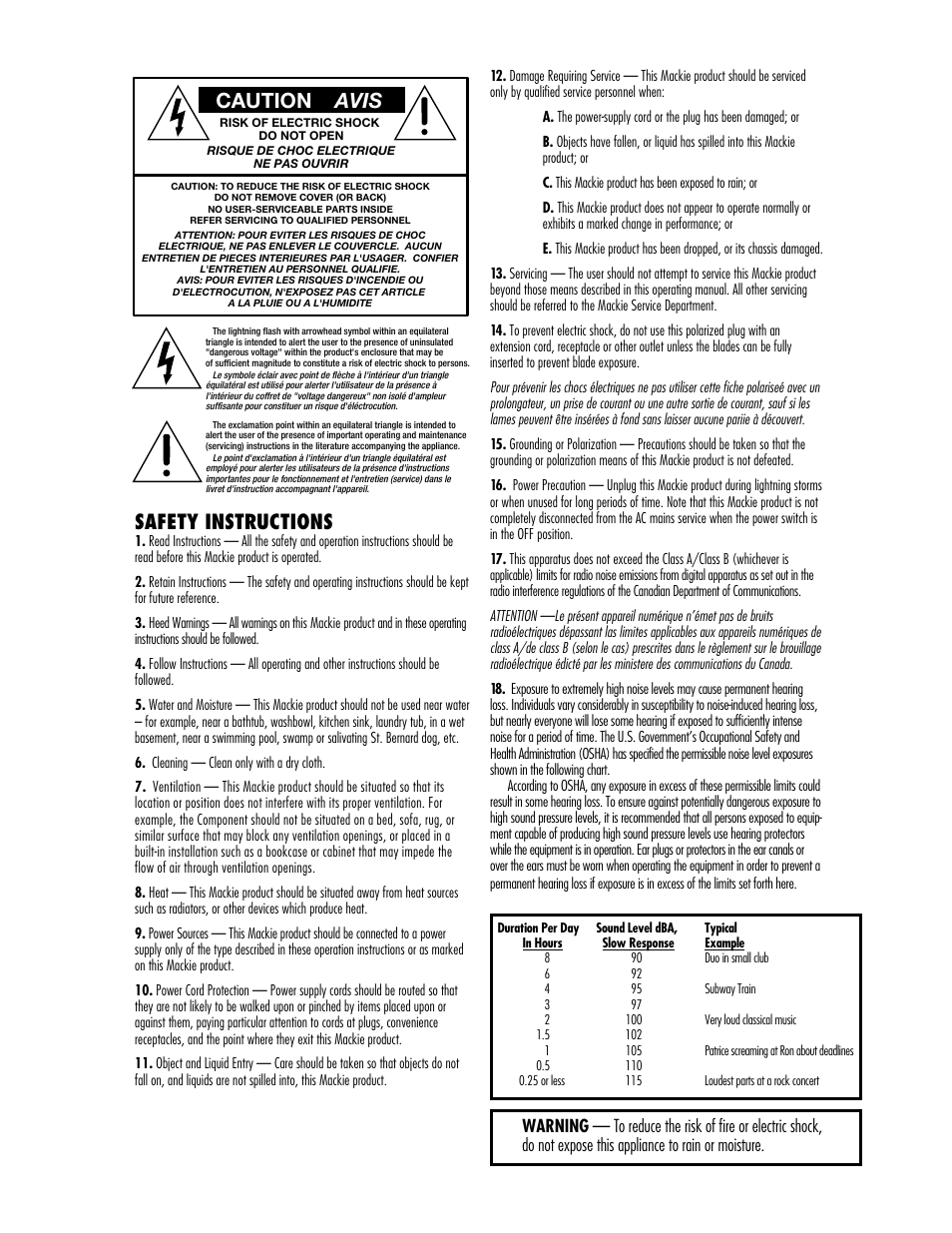 Safety instructions, Caution avis | MACKIE CFX SERIES User Manual | Page 2 / 24