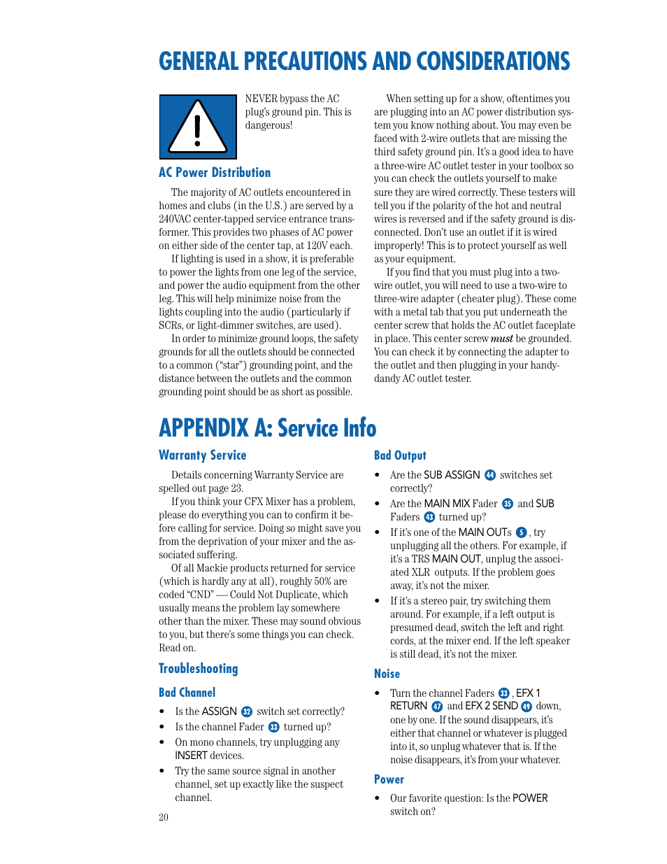 General precautions and considerations, Appendix a: service info, Warranty service | Troubleshooting, Appendix a, Service info | MACKIE CFX SERIES User Manual | Page 20 / 24