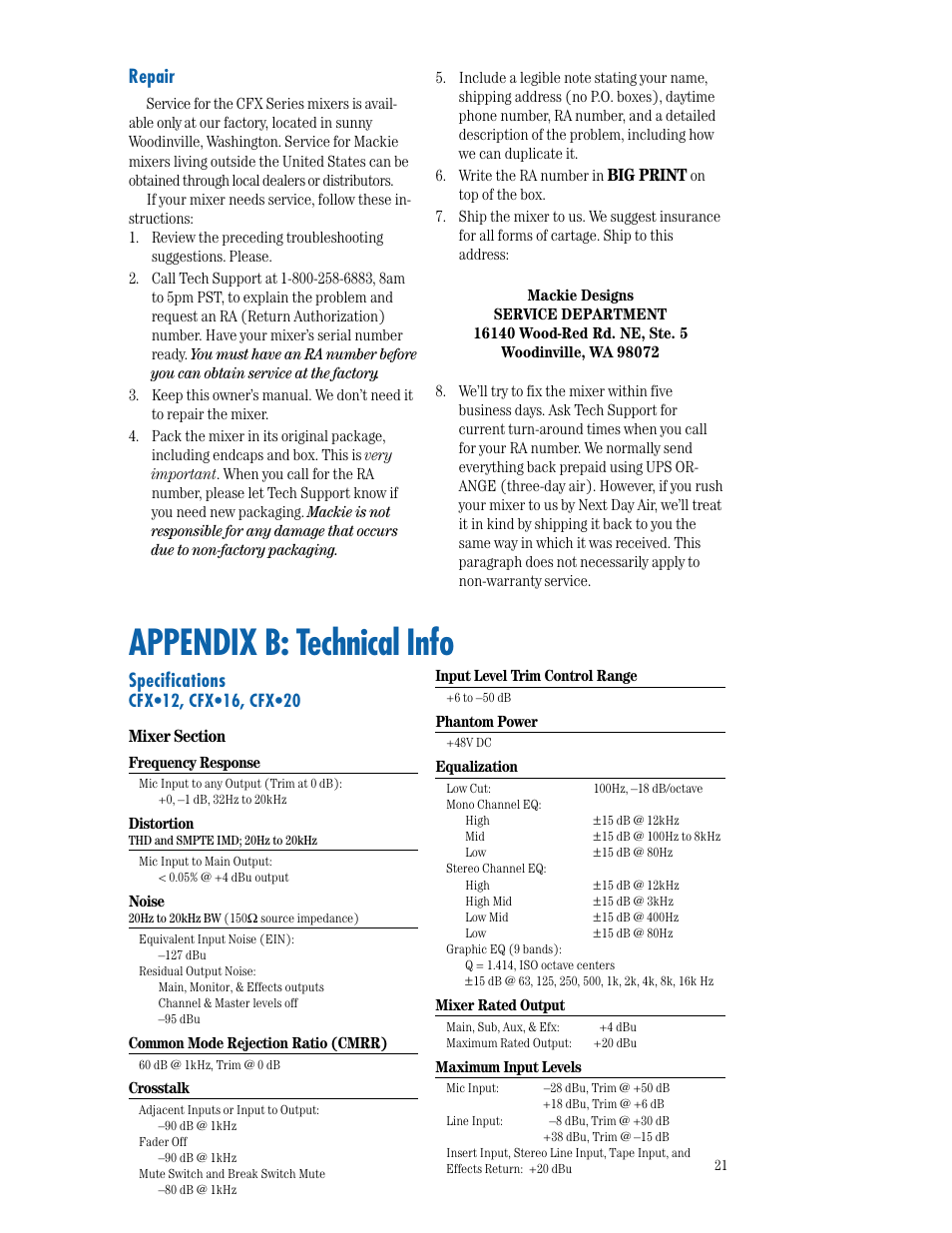 Repair, Appendix b: technical info, Specifications | Appendix b, Technical info | MACKIE CFX SERIES User Manual | Page 21 / 24