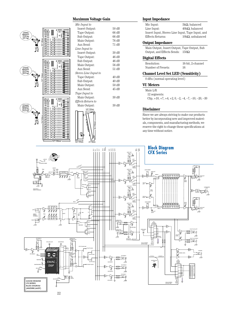 Block diagram, Block diagram cfx series, Maximum voltage gain | Input impedance, Output impedance, Digital effects, Channel level set led (sensitivity), Vu meters, Disclaimer, 0 dbu (normal operating level) | MACKIE CFX SERIES User Manual | Page 22 / 24