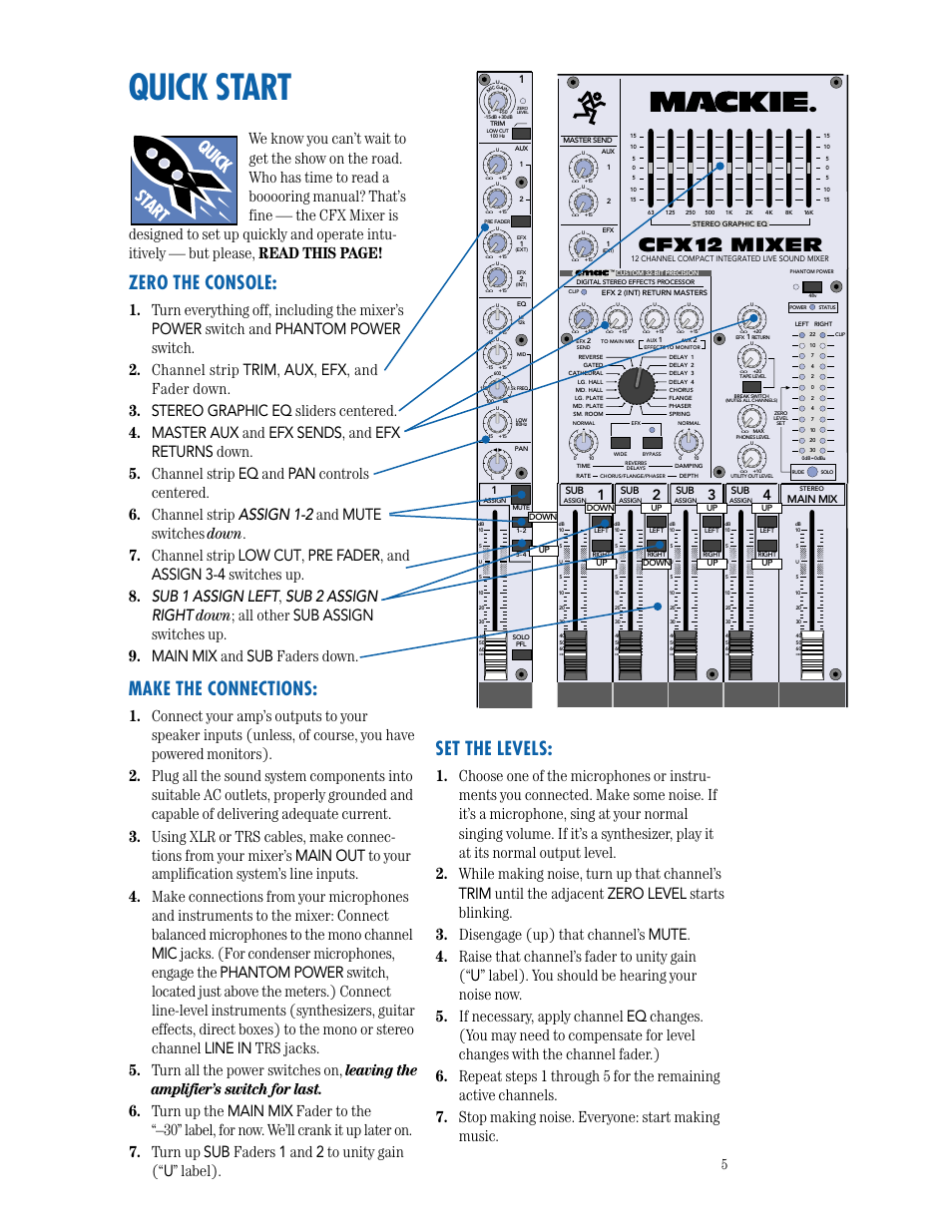 Quick start, Cfx 12 mixer, Zero the console | Make the connections, Set the levels | MACKIE CFX SERIES User Manual | Page 5 / 24