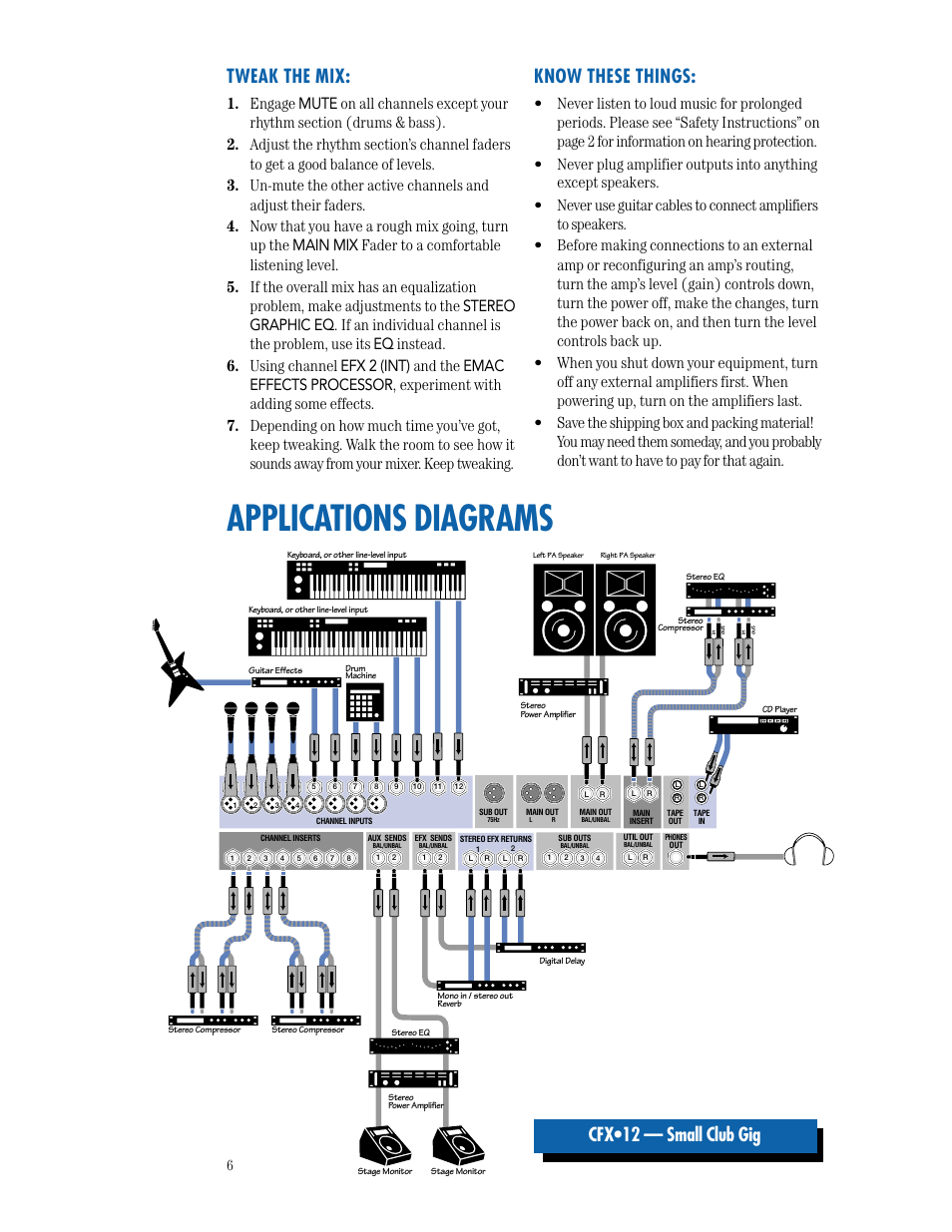 Applications diagrams, Cfx•12 — small club gig tweak the mix, Know these things | MACKIE CFX SERIES User Manual | Page 6 / 24