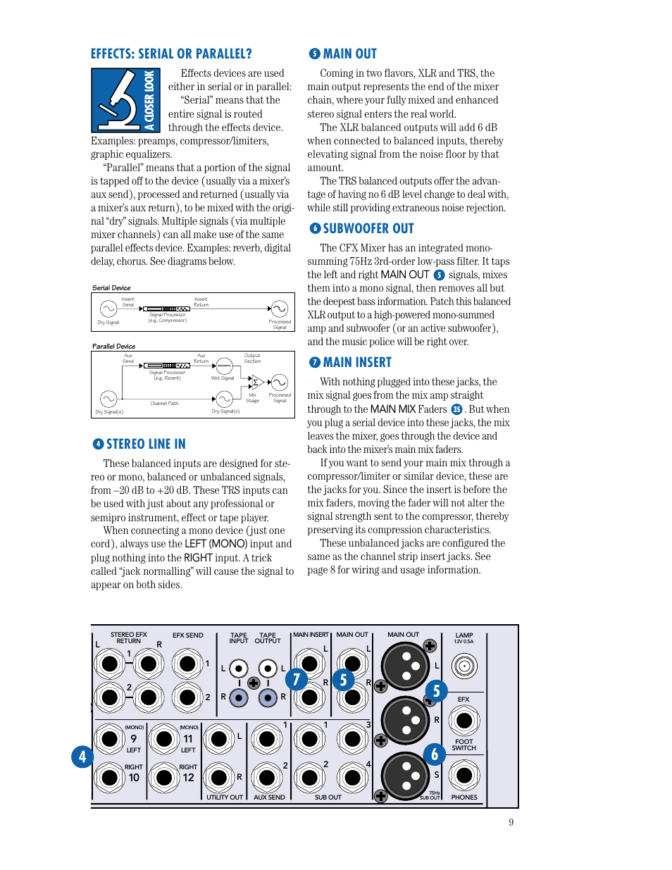 Effects: serial or parallel, Stereo line in, Main out | Subwoofer out, Main insert | MACKIE CFX SERIES User Manual | Page 9 / 24