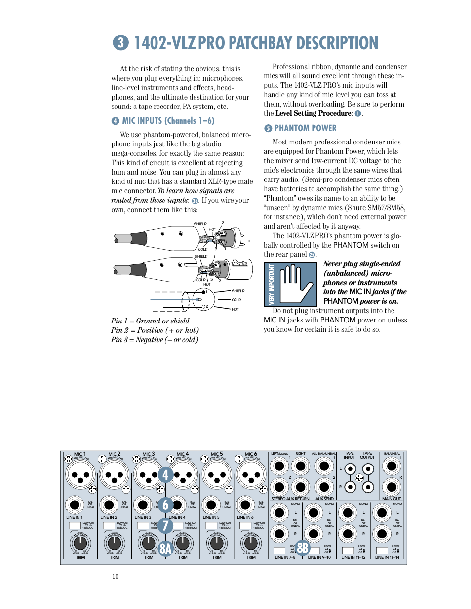 1402-vlz pro patchbay description, Mic inputs, Phantom power | 1402-vlz, Pro patchbay description, Mic inputs (channels 1–6) | MACKIE 1402-VLZPRO User Manual | Page 10 / 36