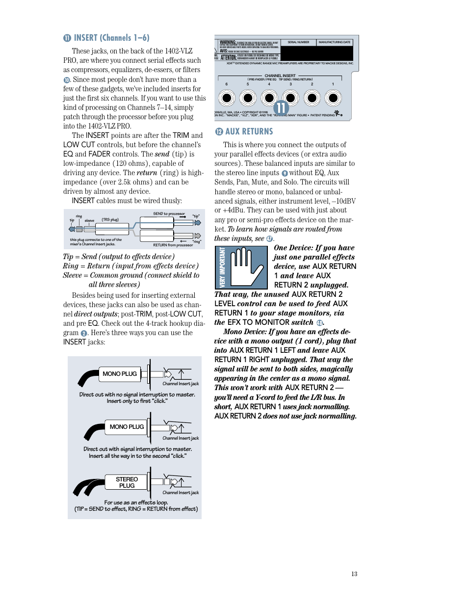 Insert, Aux returns, Insert (channels 1–6) | MACKIE 1402-VLZPRO User Manual | Page 13 / 36