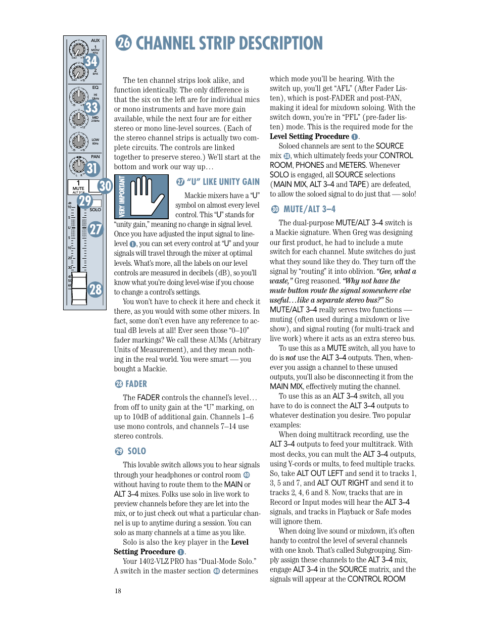 Channel strip description, U" like unity gain, Fader | Solo, Mute/alt 3-4, U” like unity gain, Mute/alt 3–4 | MACKIE 1402-VLZPRO User Manual | Page 18 / 36