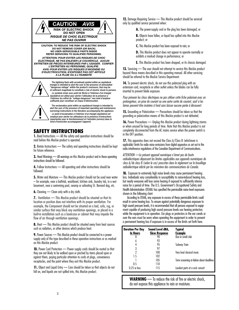 Safety information, Caution avis, Safety instructions | MACKIE 1402-VLZPRO User Manual | Page 2 / 36