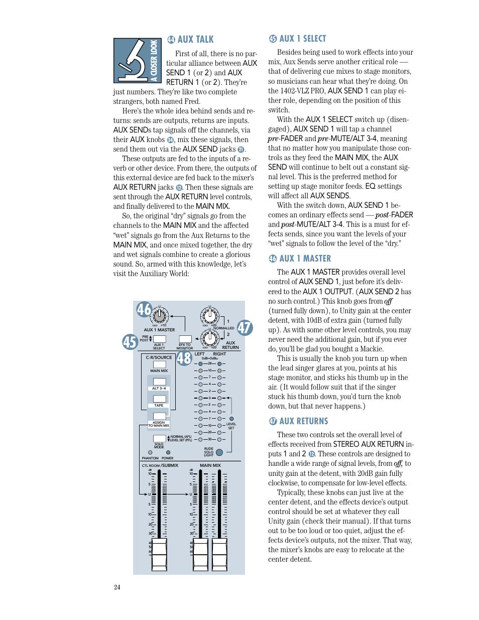 Aux talk, Aux 1 select, Aux 1 master | Aux returns | MACKIE 1402-VLZPRO User Manual | Page 24 / 36