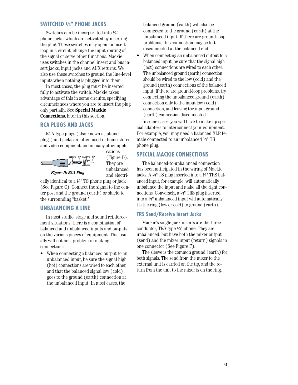 Special mackie connections, Switched, Phone jacks | Rca plugs and jacks, Unbalancing a line | MACKIE 1402-VLZPRO User Manual | Page 31 / 36