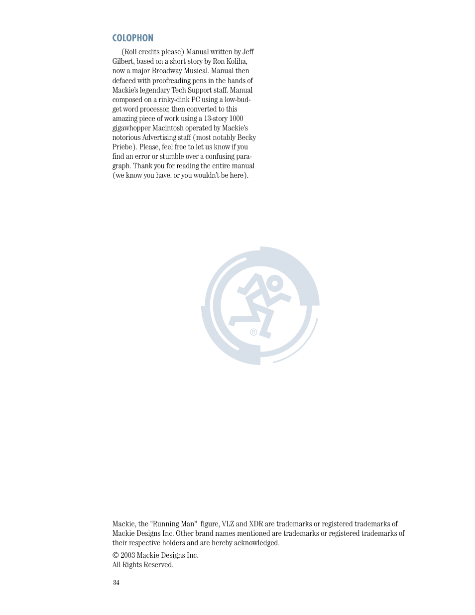 Colophon | MACKIE 1402-VLZPRO User Manual | Page 34 / 36