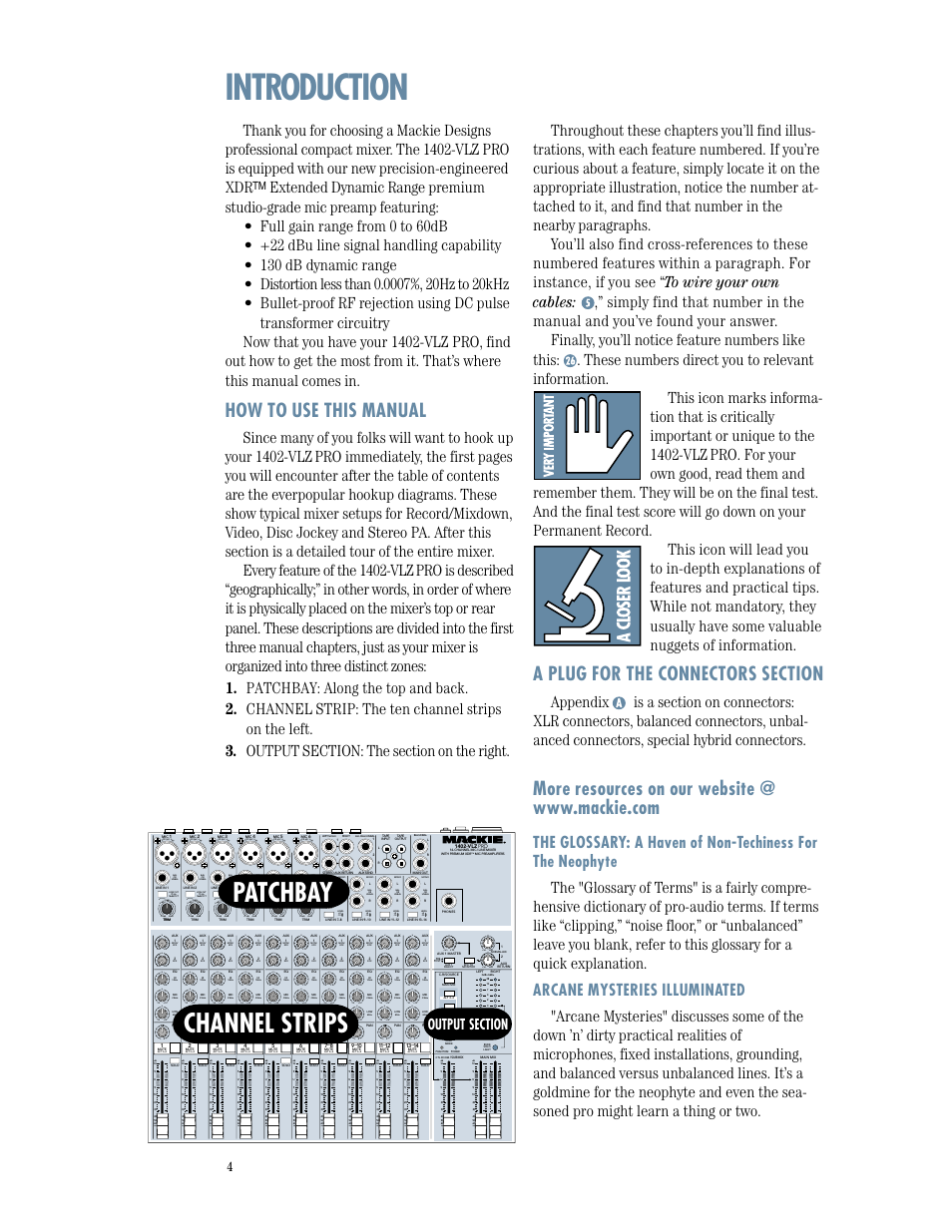 Introduction, Patchbay channel strips, How to use this manual | Mic gain, Uo o | MACKIE 1402-VLZPRO User Manual | Page 4 / 36