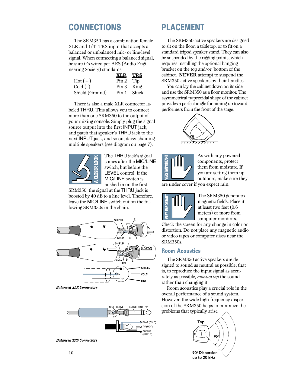 Connections, Placement, Room acoustics | MACKIE SRM350 2-WAY User Manual | Page 10 / 20