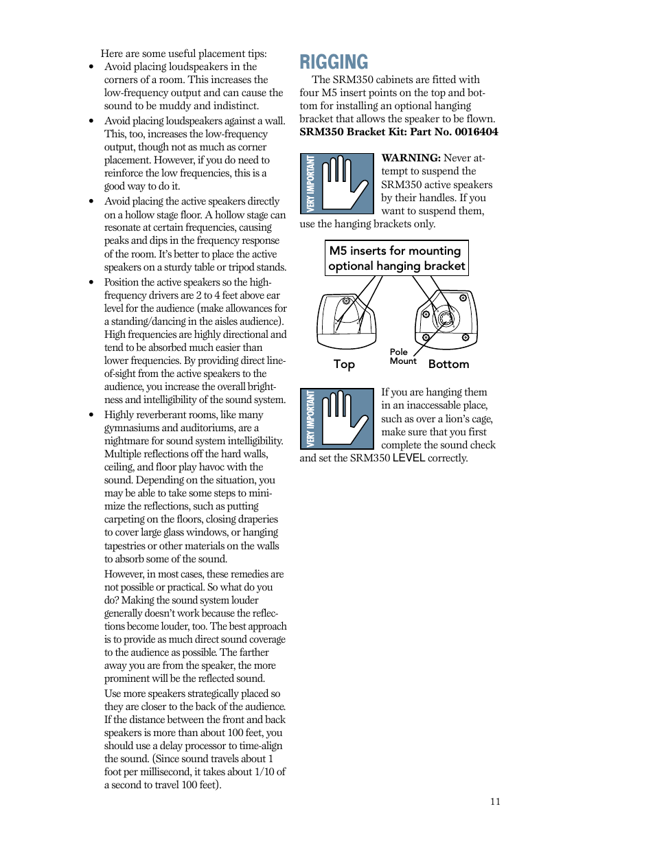 Room acoustics, Rigging | MACKIE SRM350 2-WAY User Manual | Page 11 / 20