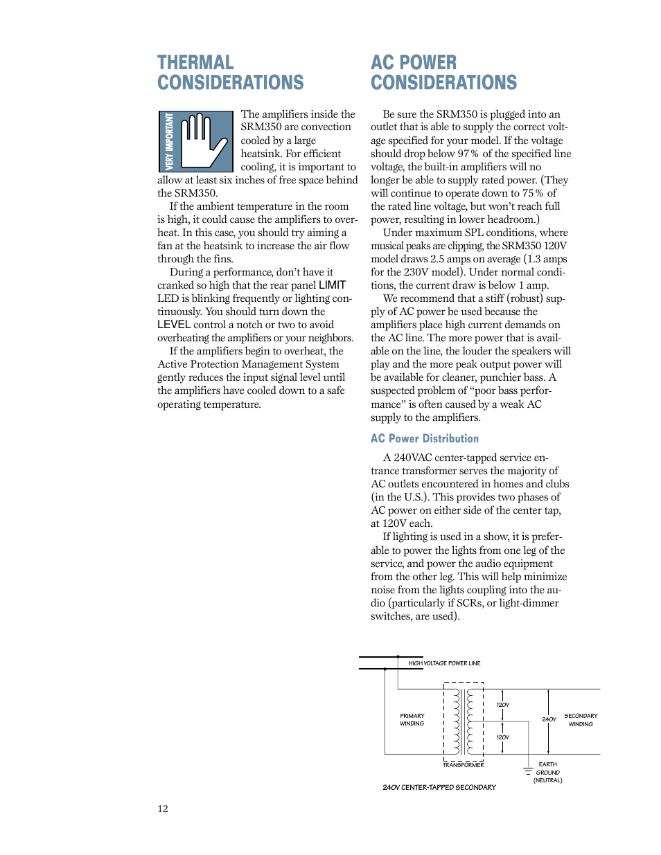 Thermal considerations, Ac power considerations | MACKIE SRM350 2-WAY User Manual | Page 12 / 20