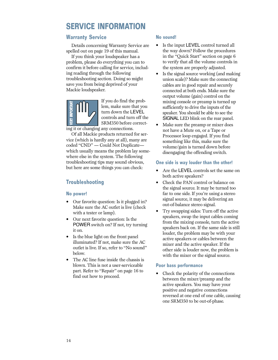 Service information, Warranty service, Troubleshooting | MACKIE SRM350 2-WAY User Manual | Page 14 / 20