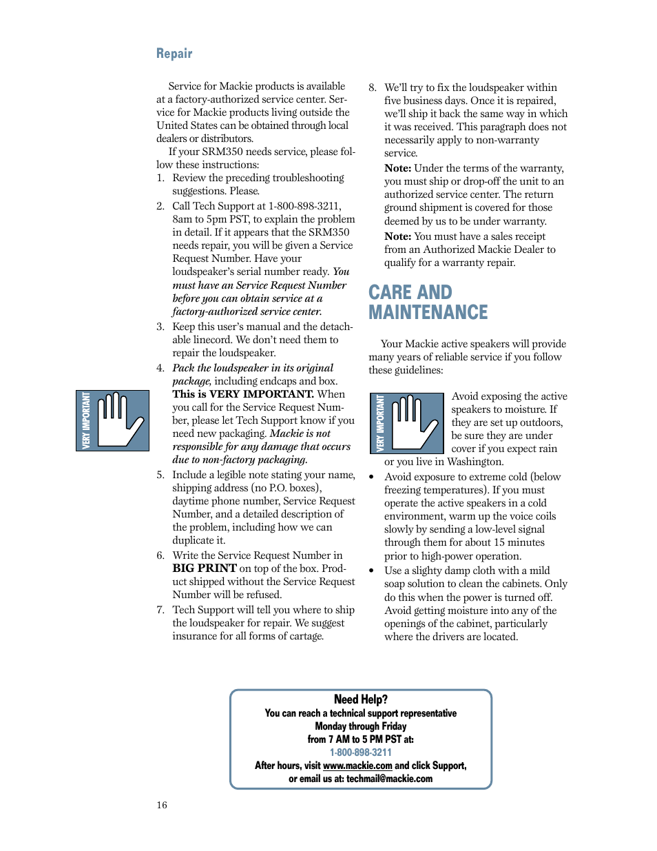 Repair, Care and maintenance | MACKIE SRM350 2-WAY User Manual | Page 16 / 20