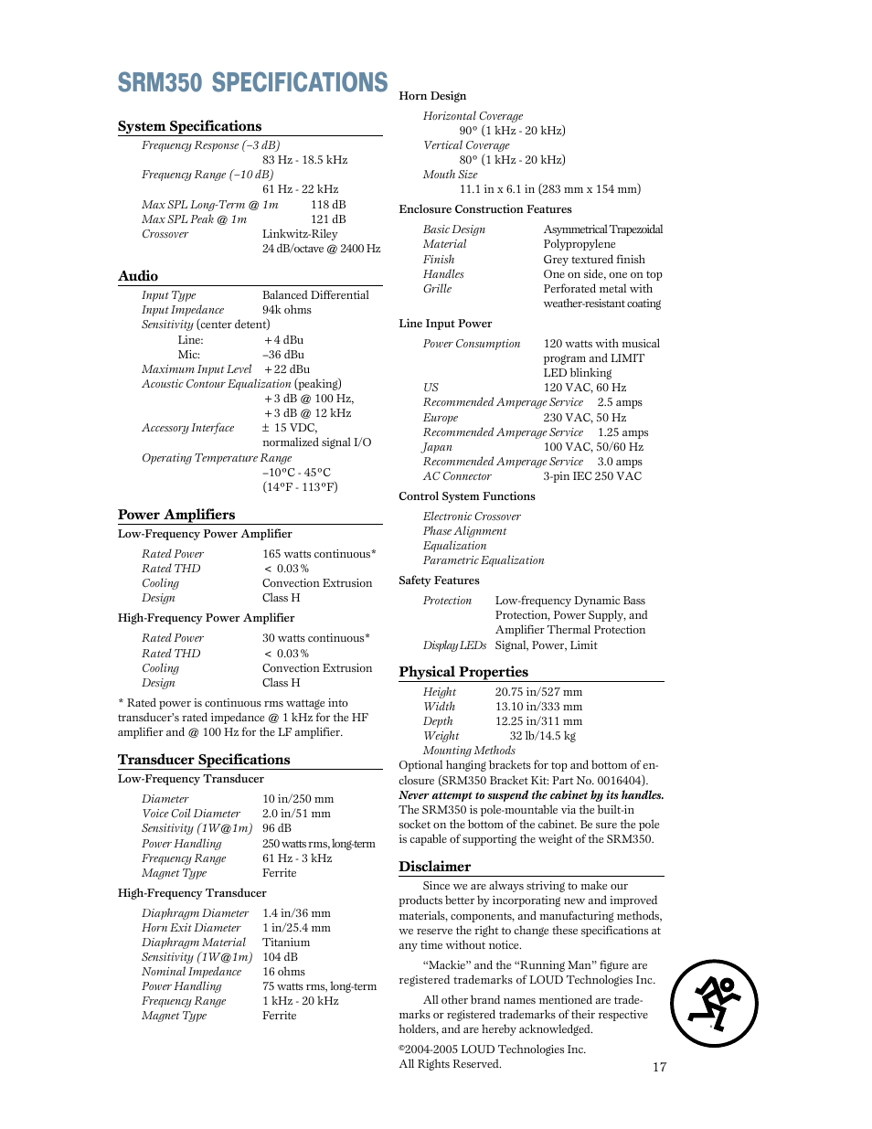 Srm350 specifications | MACKIE SRM350 2-WAY User Manual | Page 17 / 20