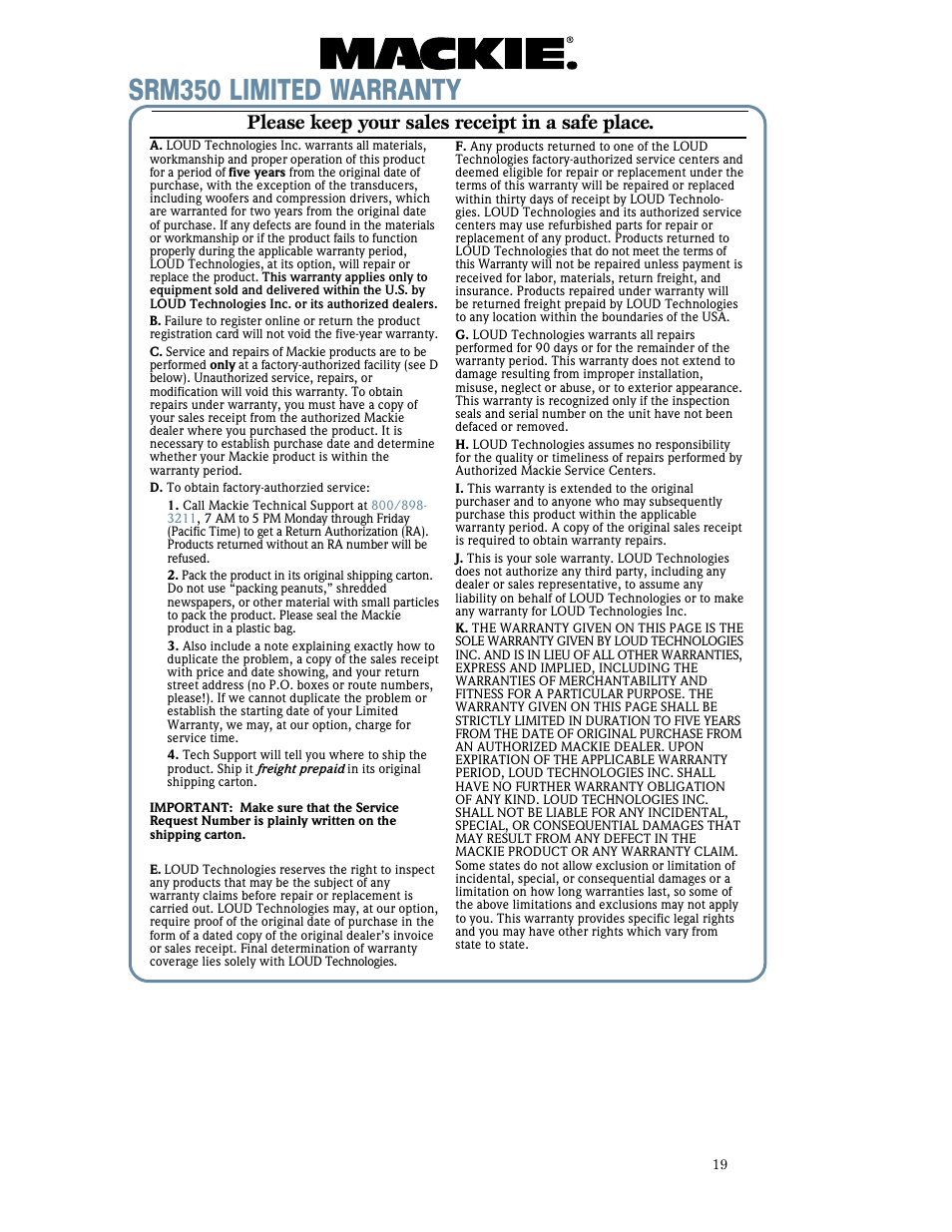 Srm350 limited warranty, Please keep your sales receipt in a safe place | MACKIE SRM350 2-WAY User Manual | Page 19 / 20