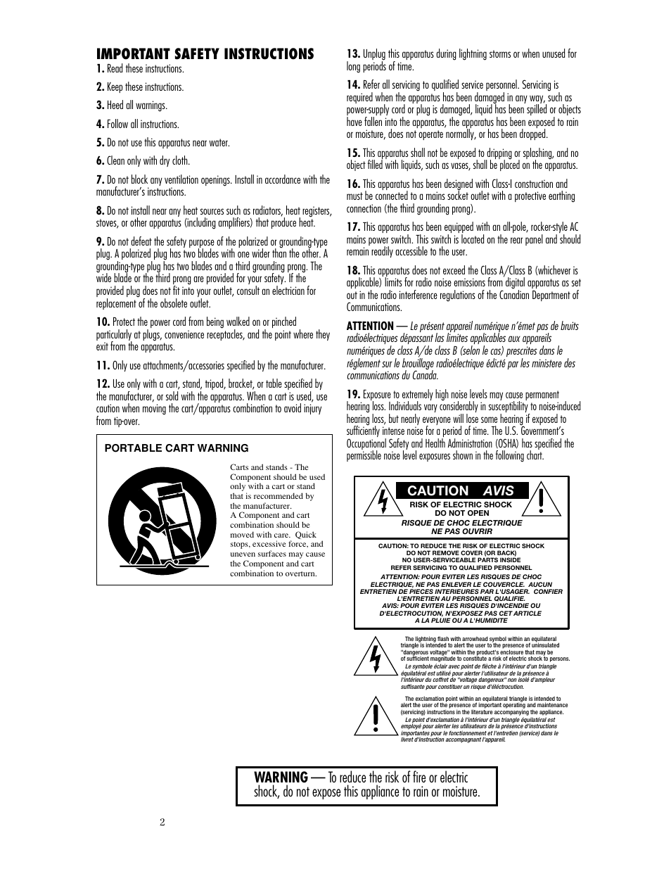 Important safety instructions, Caution avis | MACKIE SRM350 2-WAY User Manual | Page 2 / 20