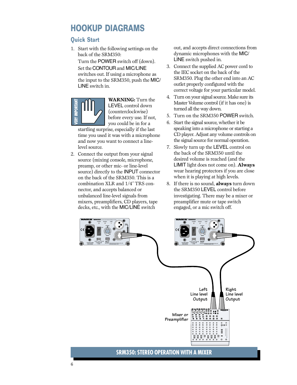 Hookup diagrams, Quick start, Srm350: stereo operation with a mixer | MACKIE SRM350 2-WAY User Manual | Page 6 / 20
